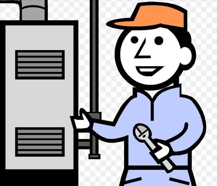cartoon hanydman holding wrench next to furnace